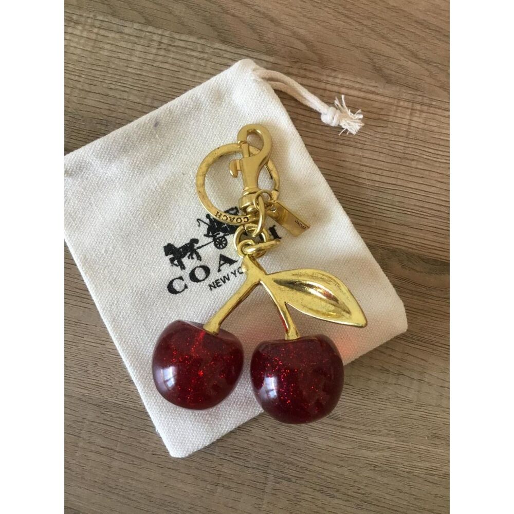 Coach Red Cherry Bag Charm Keychain Resin Metal Brass in Coach Dustbag